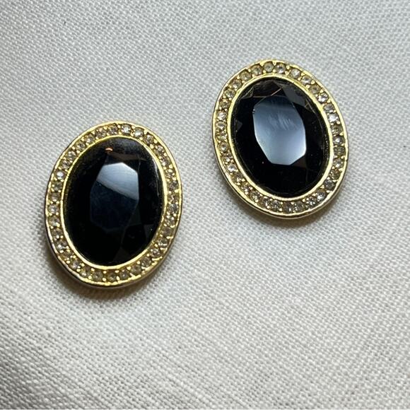 JUDY LEE VINTAGE 1950s Faux Gold Diamond & Black Facet Stone Oval Clip Earrings - Picture 1 of 9